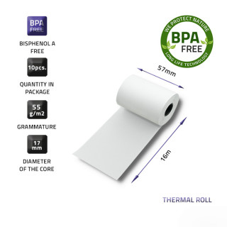 Qoltec Thermal roll 57 x 16 | 55g / m2 | 10 pcs. | BPA free