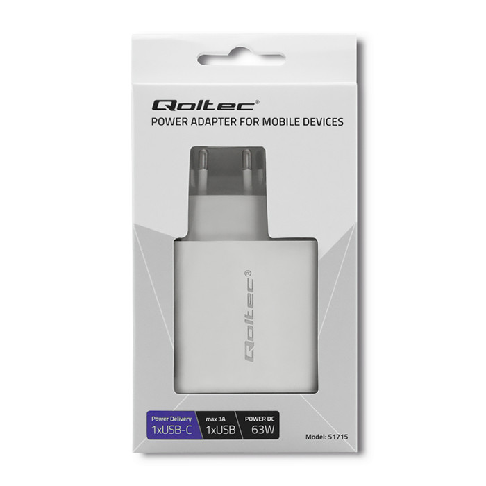Qoltec Charger| 63W | 5-20V | 1.5-3A | USB type C PD | USB QC 3.0 | White