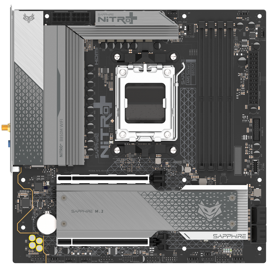 SAPPHIRE AMD B850M AM5 NITRO+ Ryzen R9/R7/R5, 4x DDR5 8000MHz, PCIE 5.0 x 16, 1x M.2 Gen5, 1x M.2 Gen4, LAN 2.5 Gbps, WIFI6, USB, Micro-ATX