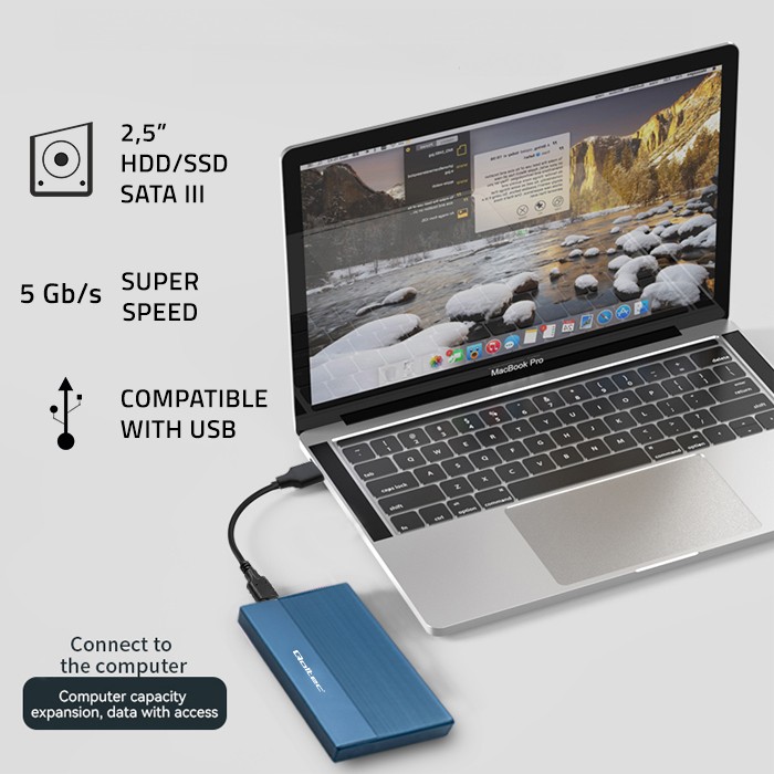 Qoltec Aluminium Enclosure | SSD HDD 2.5'' drive | SATA | USB 3.0 | Super speed 5Gb/s | 2TB | Blue