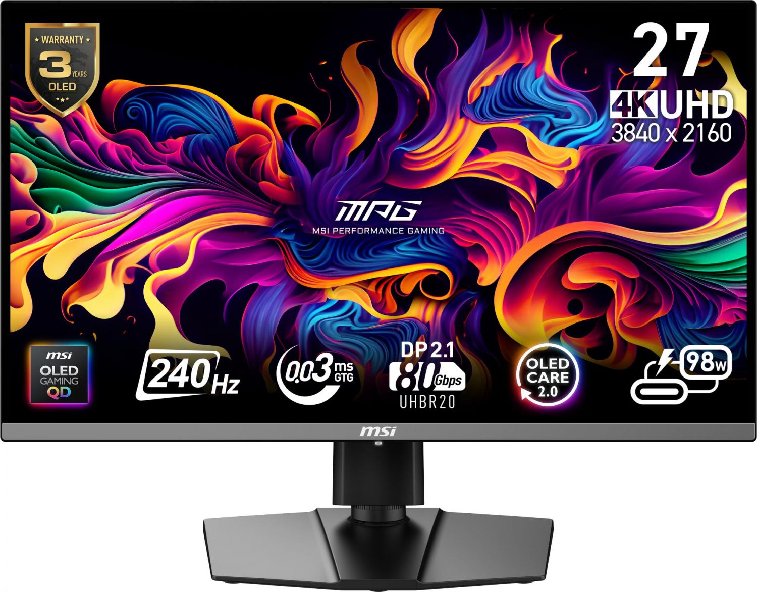 Monitor|MSI|MPG 272URX QD-OLED|27|Gaming/4K|Matte|Panel QD-OLED|3840x2160|16:9|240 ??|0.03 ms|Swivel|Pivot|Height adjustable|Tilt|Colour Black|MPG272URXQD-OLED