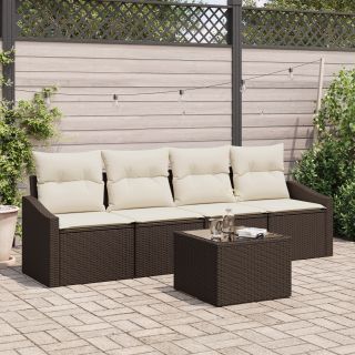 5-piece garden dining set with cushions in brown poly rattan
