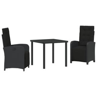 3-osaline aia söögikomplekt padjaga must polürotang,aia laud must 80x80x73 cm karastatud klaas