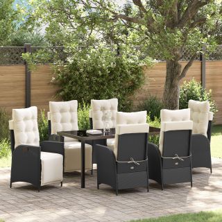 7 Tükki Aia Söögilaudade Komplekt Must Polü Rattan