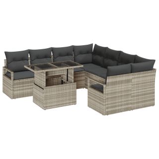 9 osaline aiadiivanite komplekt padjadega helehall polü rattan,2-kohaline aiadiivan padjadega hall polü rattan