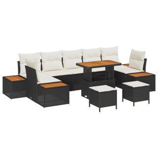 10-osaline aia diivanite komplekt patjadega Must polü rattan Akaatsia,3-osaline aia söögilaudade komplekt patjadega Must polü rattan Akaatsia
