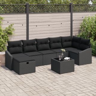 8-osaline aia diivanikomplekt patjadega must polü rattan