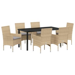 7-osaline aia söögikomplekt padjadega beež polürotang,aia laud must 160x80x73 cm karastatud klaas