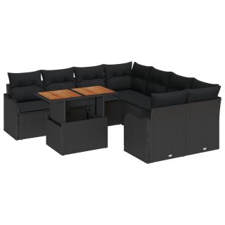 9-osaline aia diivanikomplekt padjadega Must polü rattan,2-kohaline aia diivan koos hoiustamise ja padjadega Must polü rattan