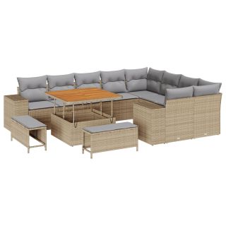 12-osaline Aiamööbli Komplekt Padjadega Beež Polü Rattan Akaatsia,3-osaline Aia Söögitoolikomplekt Padjadega Beež Polü Rattan Akaatsia