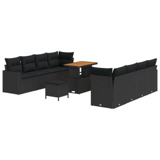 11-osaline aia diivanikomplekt koos patjadega must polü rattan akaatsiapuit,3-osaline aia söögikomplekt koos patjadega must polü rattan akaatsiapuit