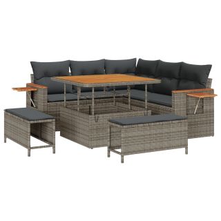 8-osaline aiadiivanikomplekt pehmete patjadega hall polü rattan akaatsiapuidust,3-osaline aiadiivanite söögilaud pehmete patjadega hall polü rattan akaatsiapuidust