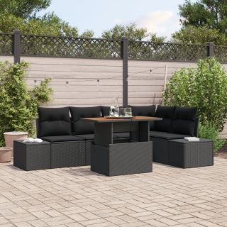 6-osaline Aia söögi komplekt padjadega Must polü rattan akatsia