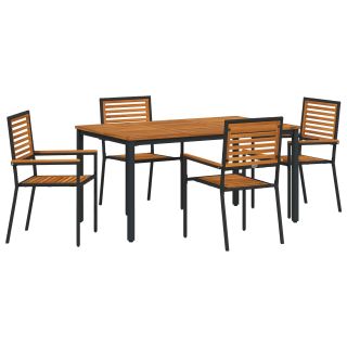 5-osaline Aianduse Söögikomplekt Must Poly Rattan Acacia,Virnastatavad Aiatoolid koos Patjadega 2 tk Must Poly Rattan,Aialaud 150x90x75 cm Tugev Acacia Puit ja Metall