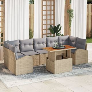 8-osaline aia söögikomplekt koos padjadega beež polü rattan acacia