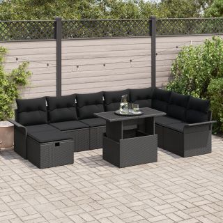 9-osaline aia diivanikomplekt patjadega must polü rattan