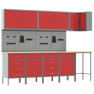 12-osaline töökapid ja pegboard komplekt punasest MDF-ist ja metallist