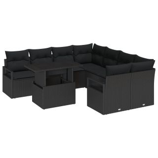 9-osaline aia diivanikomplekt padjadega must polü rattan,2-kohaline aia diivan panipaigaga ja patjadega must polü rattan