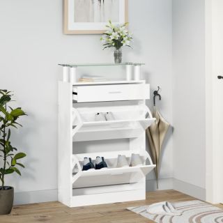 Тумба для обуви, глянцевая белая, 63x24x104 см, искусственное дерево