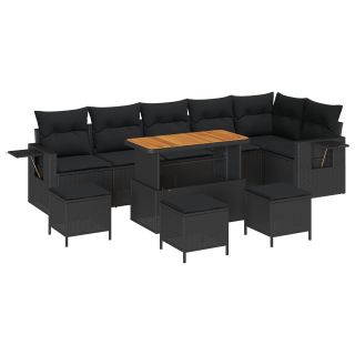 10-osaline aia diivanigrupp koos padjadega, must polü rattan, akaatsia,4-osaline aia söögiserver koos padjadega, must polü rattan, akaatsia
