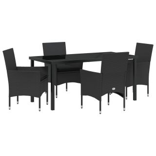 5-osaline Aiatoidu Komplekt Patjadega Musta Polürotangiga,Aialaud Must 160x80x73 cm Karastatud Klaas