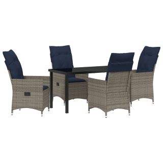 5-osaline aiakohvikomplekt pehmete padjadega hall polü rattan,must laud 140x80x73 cm temperitud klaas