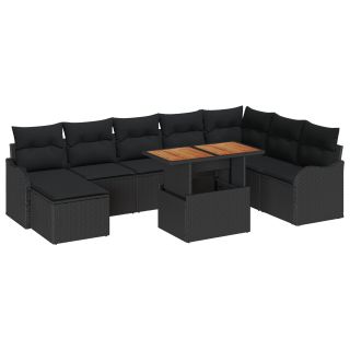 9-osaline aia diivanikomplekt koos patjadega must polü rattan akaatsia,2-kohaline aia diivan koos patjadega must polü rattan