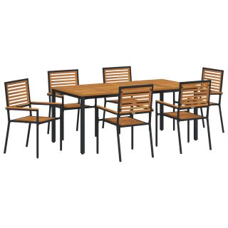 7-osaline aia söögilaud Must polü rattan Acacia,Virnastatavad aia toolid padjadega 2 tk Must polü rattan,Aia laud 180x90x75 cm Tugev Acacia Puit ja Metall