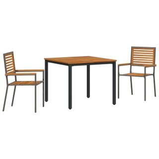 3-osaline aiaterassi söögikomplekt hall polürotang akaatsiapuust,virnastatavad aiatoolid patjadega 2 tk hall polürotang,aiamaa laud 90x90x75 cm tahke akaatsiapuit ja metall