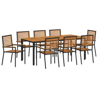 9-osaline Aia Söögikomplekt Must Polü Rattaga Acacia,Virnastatavad Aia Toolid Padjadega 2 tk Must Polü Rattaga,Aia Laud 200x90x75 cm Soliidne Acacia Puit ja Metall