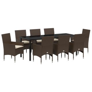 9-osaline Aiapeo Komplekt padjadega Pruun Polü Rattan,Aiatable Must 200x80x73 cm Karastatud Klaas