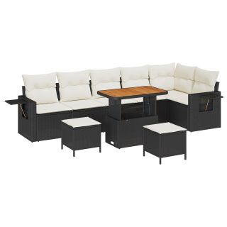 9-osaline aia diivanite komplekt patjadega Must polü rattan Acacia,3-osaline aia söögilaua komplekt patjadega Must polü rattan Acacia