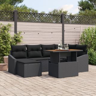 7-osaline aia diivanikomplekt patjadega, must polü rattan