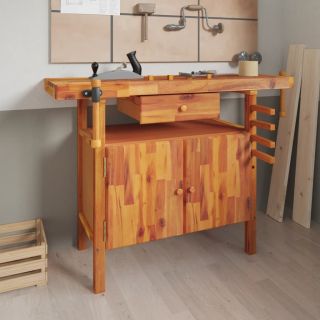 верстак с ящиком и тисками, 124x52x83 см, дерево акация