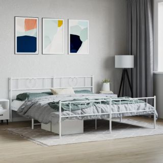 metallist voodiraam peatsi ja jalutsiga, valge, 200 x 200 cm
