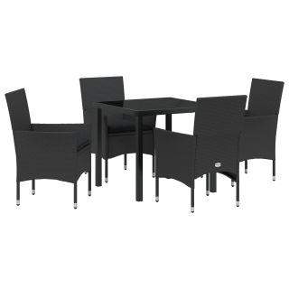 5-osaline Aia Söögikomplekt padjadega mustast polürotangist,Aia laud must 80x80x73 cm karastatud klaasiga