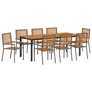 9-osaline aia söögikomplekt hallest polürotangist akaatsiapuidust,virnastatavad aia toolid padjaga 2 tk hallest polürotangist,aia laud 200x90x75 cm solid akaatsiapuit ja metall