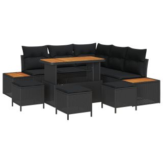 9-osaline Aedsofa Komplekt padjadega Must Polü rotang Acacia,4-osaline Aed Dining Set padjadega Must Polü rotang Acacia