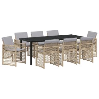 9-osaline aiamööbli komplekt pehmete istmete jaoks beežist polü rattang,aiatable must 200x80x73 cm karastatud klaas
