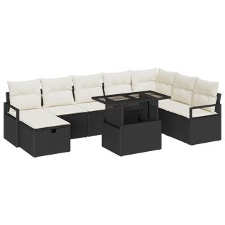 9-osaline aiamööbli komplekt padjadega Must Polü Rattan,2-kohaline aiasofa padjadega Must Polü Rattan