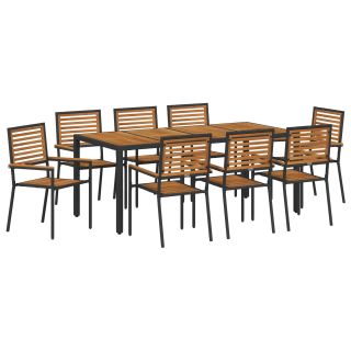 9-osaline aiamööbli komplekt Must Polü Rattan Acacia,Virnastatavad aiamööbli toolid, padjad 2 tk Must Polü Rattan