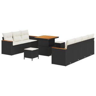 10-osaline aia diivani komplekt padjadega must polü rattan akaatsia,3-osaline aia söögikomplekt padjadega must polü rattan akaatsia