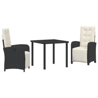 3-osaline aia söögikomplekt padjadega must polü rattan,aia laud must 80x80x73 cm karastatud klaas