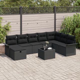 9-osaline Aiamööbli Komplekt Padjadega Must Polü Rattan,2-seisuline Aiamööbel Salvestamise & Padjadega Must Polü Rattan