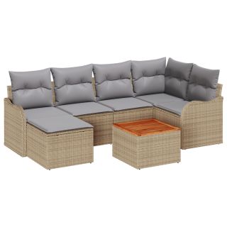 7-osaline Aiamööbli Komplekt Padjadega Beež Polü Rattan Akaatsia,2-kohaline Aiamööbel Padjadega Beež Polü Rattan