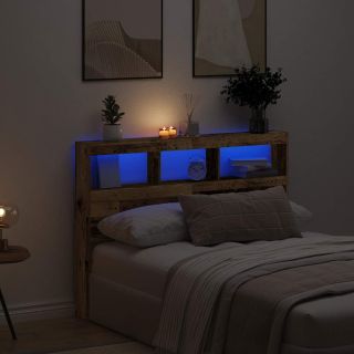 voodipeatsi kapp LED-tuledega, vana puit, 140x17x102 cm