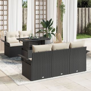 6-osaline aia diivanikomplekt koos patjadega must polü rattan