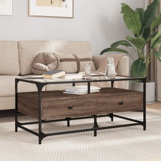kohvilaud klaasplaadiga, pruun tamm, 98,5x50x45 cm, teras