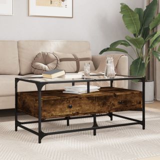 kohvilaud klaasplaadiga, suitsutatud tamm, 98,5x50x45 cm, teras