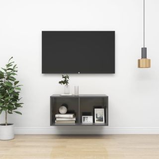 Настенная тумба под телевизор, серый глянцевый, 37x37x72 см, искусственное дерево